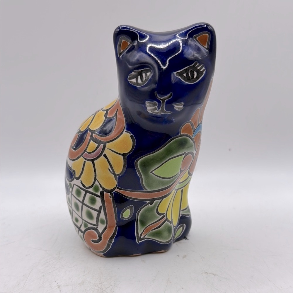 Cat Figurine Mexico Folk Art Pottery Handpainted Talavera Collectible Decor
